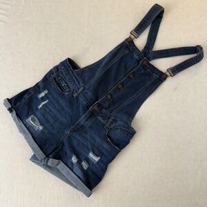Enjean Dark Wash Distressed Denim‎ Shortalls Overalls Size Medium